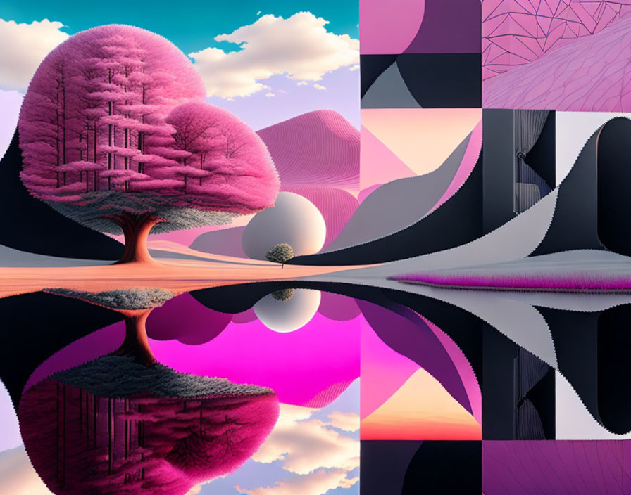 Surreal landscape with pink cherry blossom tree, reflective lake, geometric patterns, mirrored sky