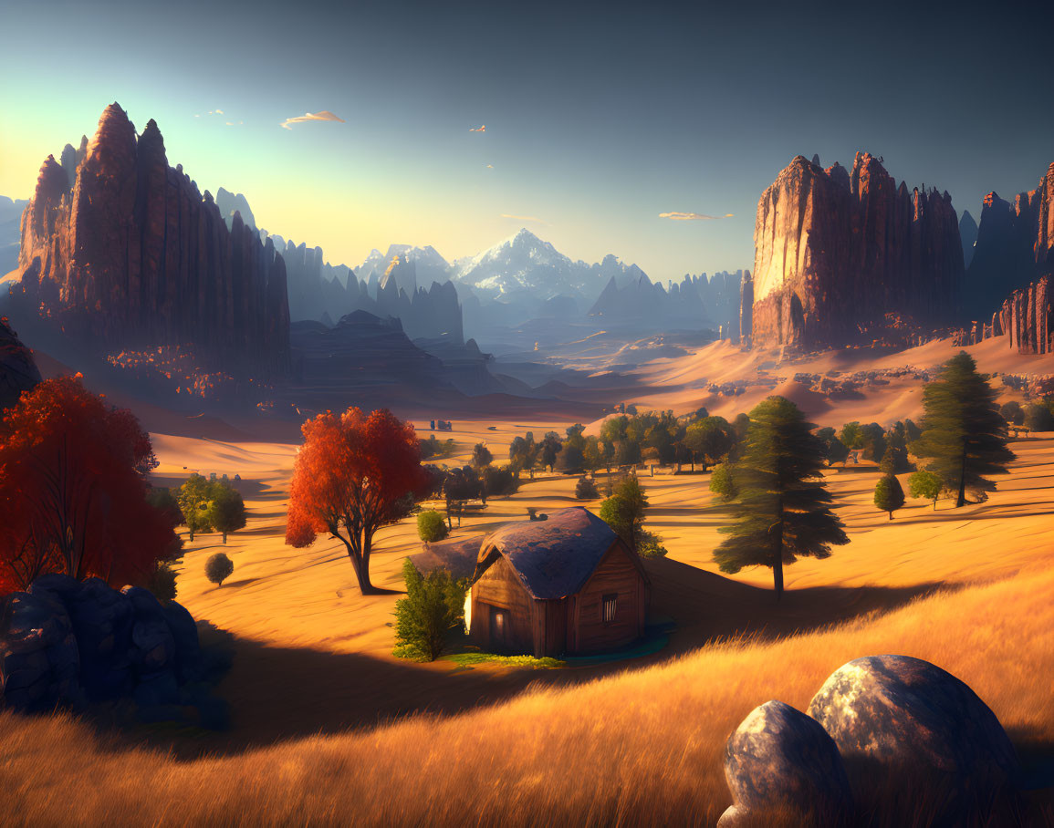 Tranquil landscape with cabin, golden fields, rock formations, autumn trees, and snowy mountains