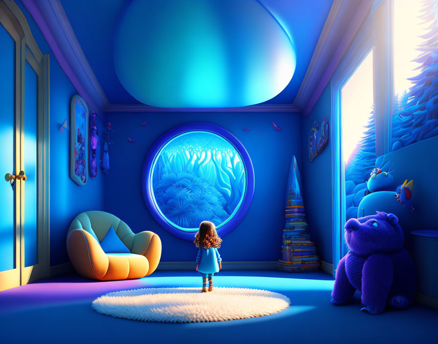 Child in Blue Room with Round Aquarium and Toys Creates Magical Atmosphere