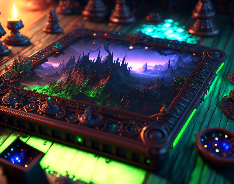 Vivid animated scene of mystical board game with glowing elements