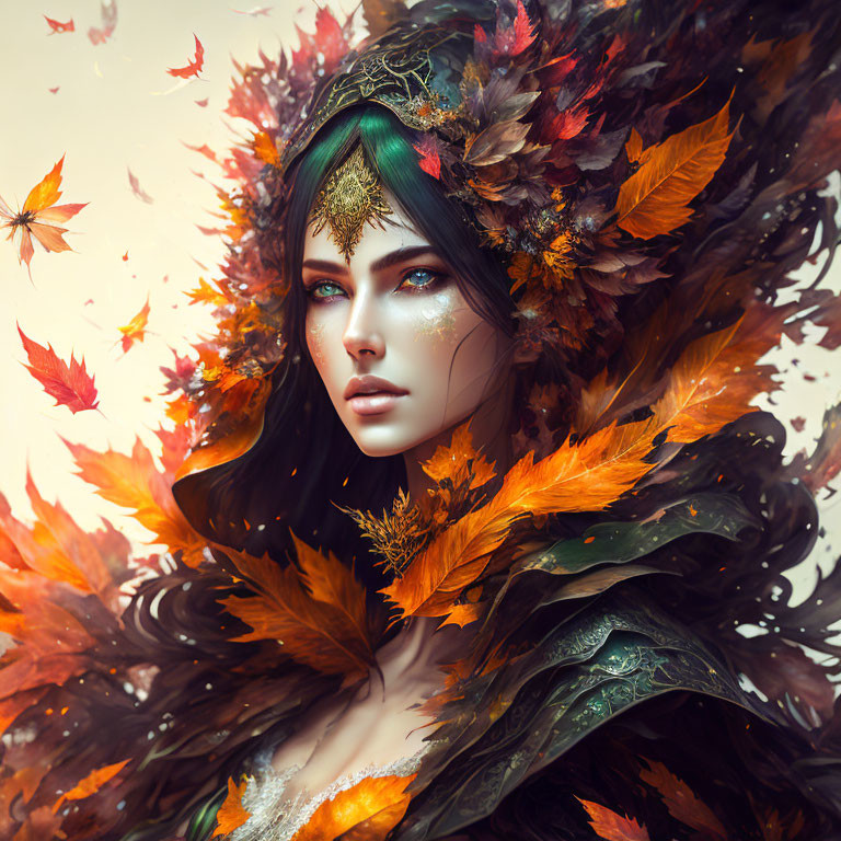 Mystical woman adorned with autumn leaves and green crown