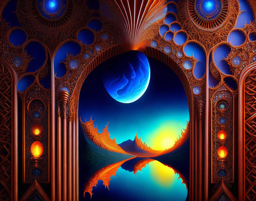 Fantasy digital artwork: Ornate archway, blue moon, dragons, reflective water