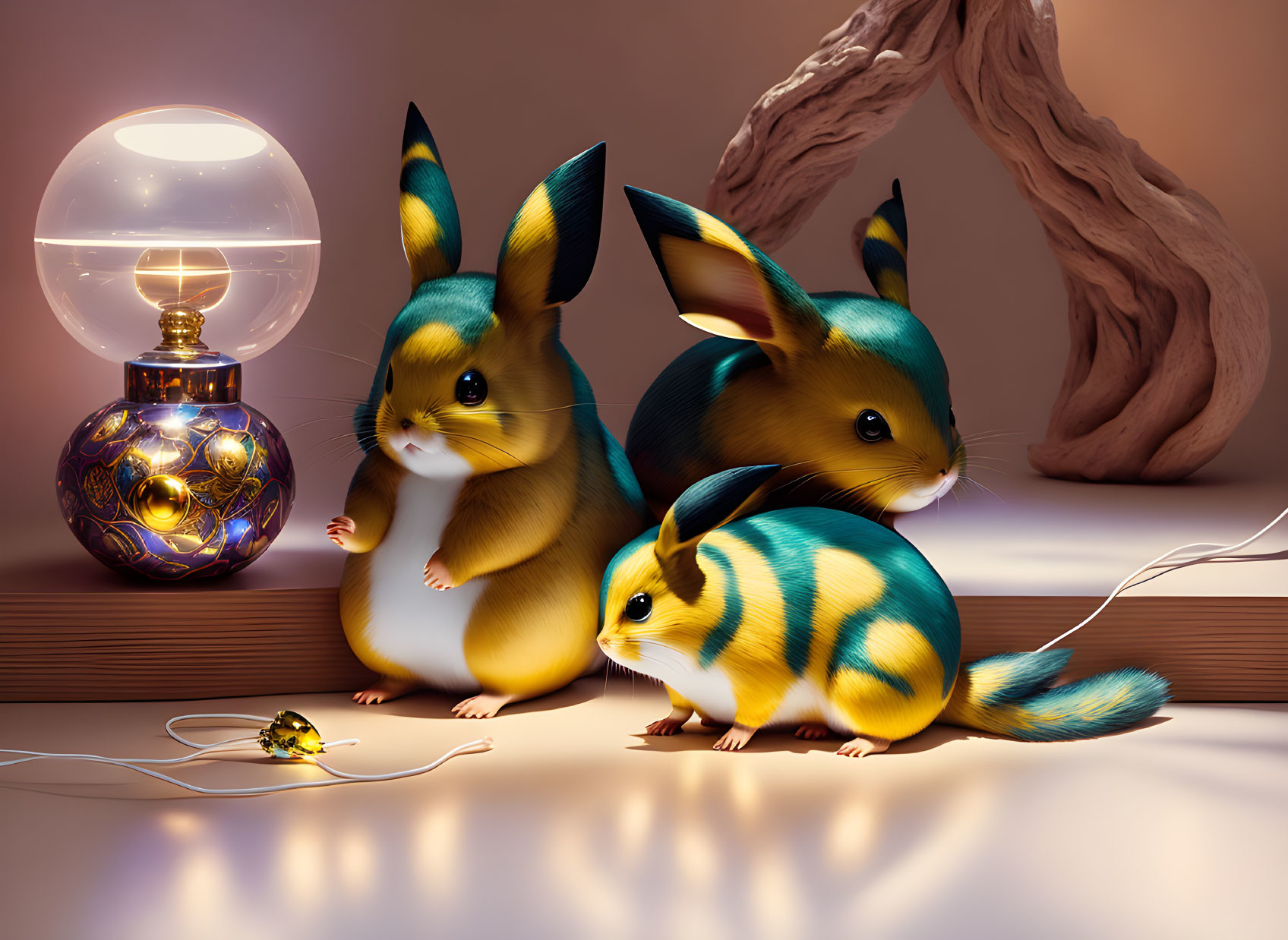 Three stripe-patterned creatures gaze at a glowing orb with a smaller creature inside