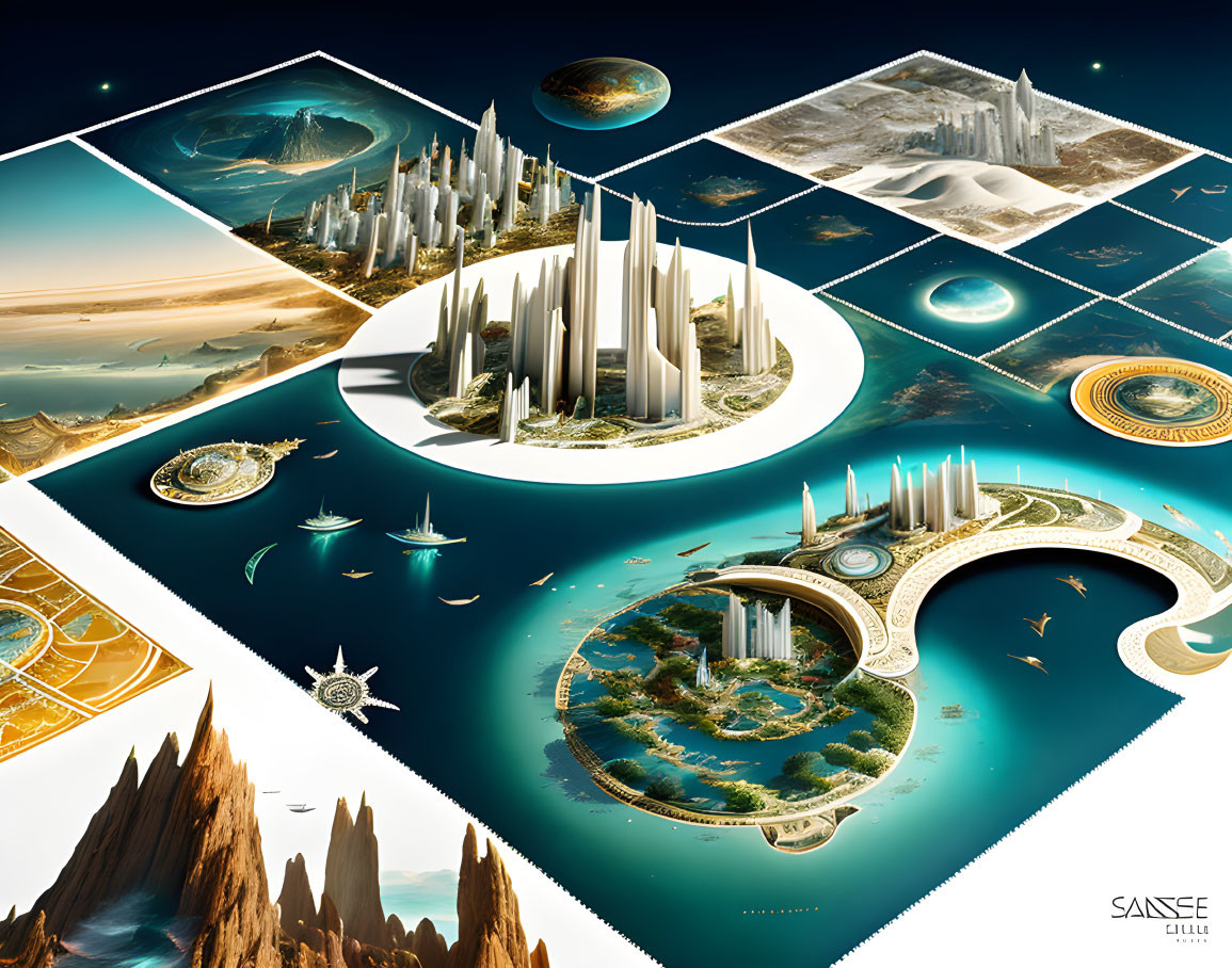 Futuristic cityscape collage with advanced architecture and nature-tech blend