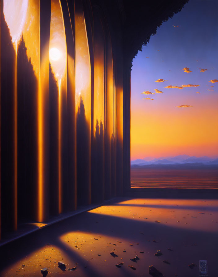 Surreal artwork of grand arched doorway at sunset
