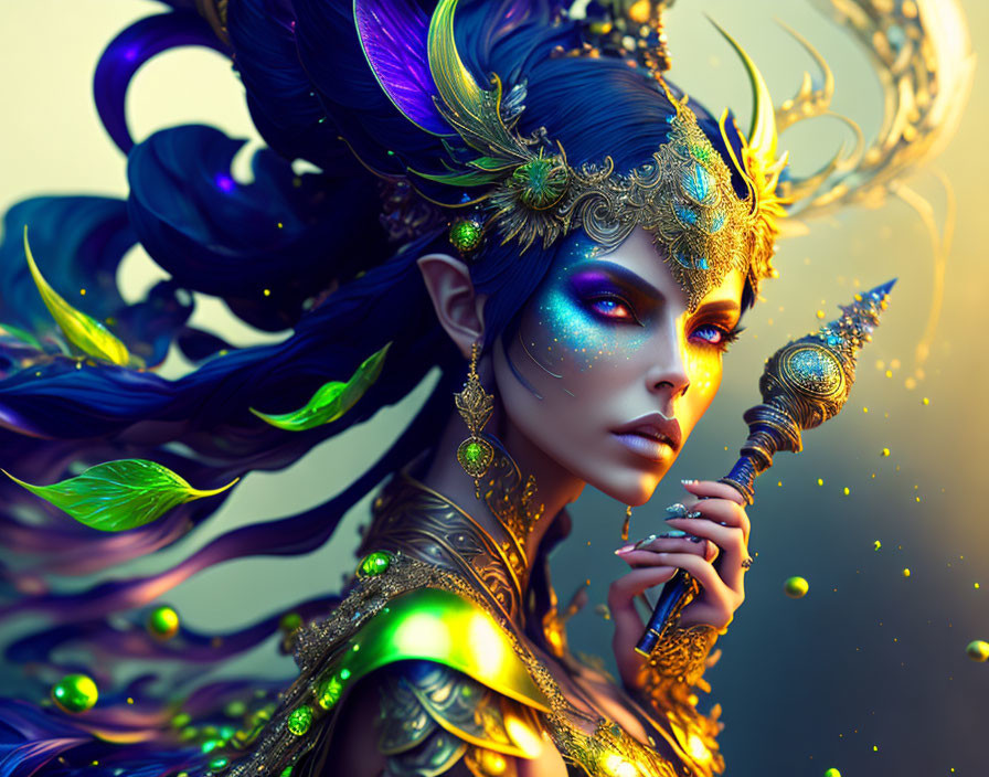 Colorful Fantasy Portrait of Woman with Elaborate Headgear and Glittery Makeup
