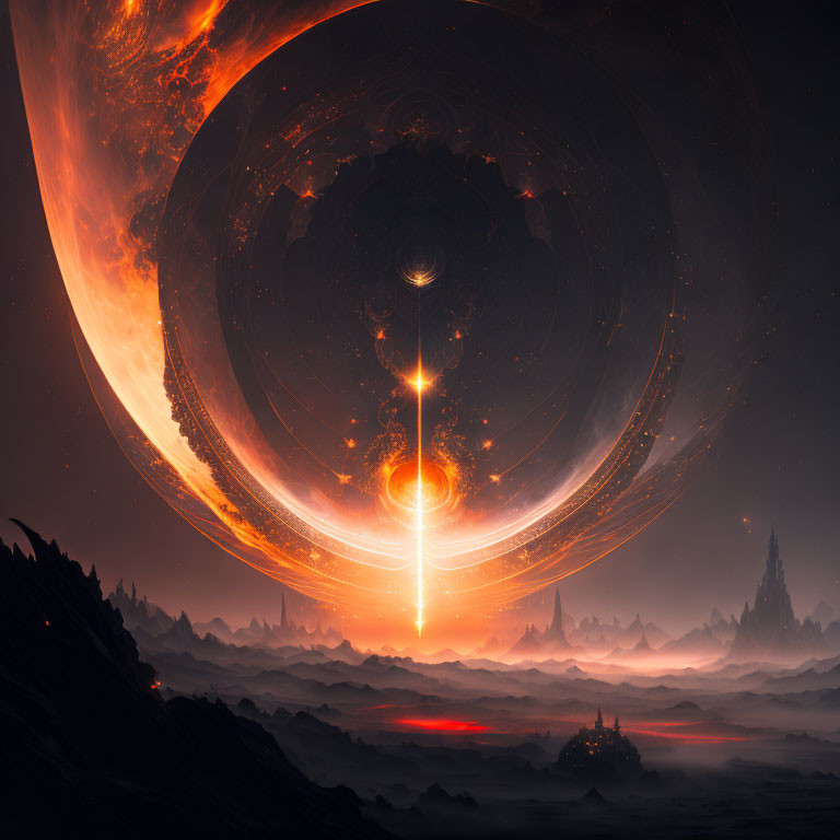 Surreal sci-fi landscape with massive celestial body and bright vertical beam