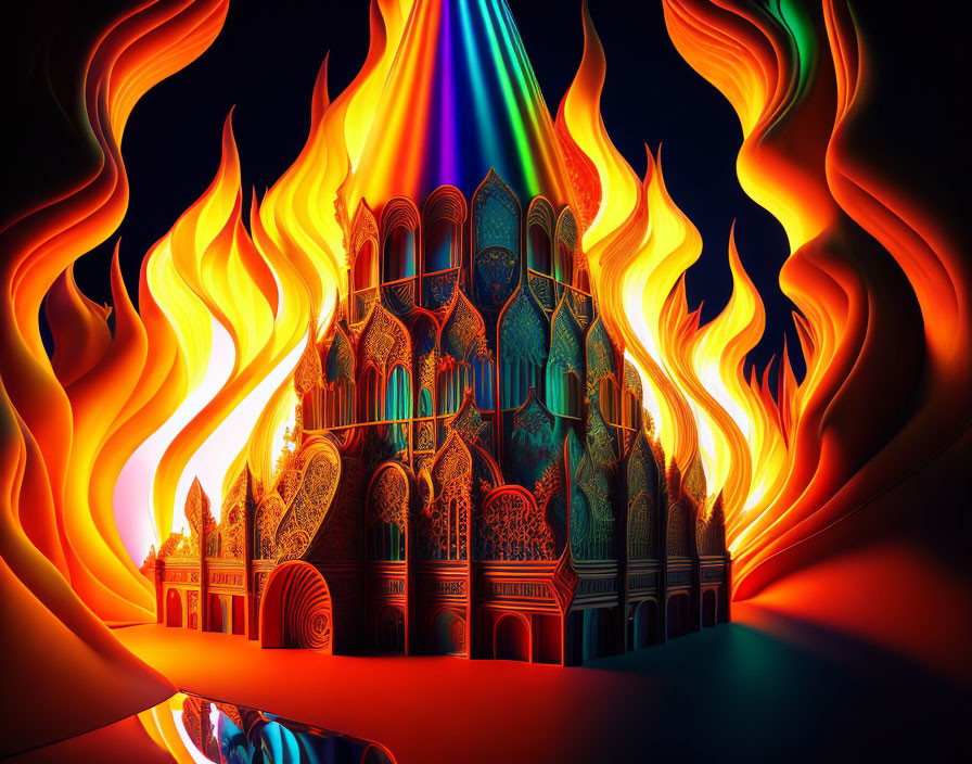 Fantasy palace engulfed in stylized flames under night sky