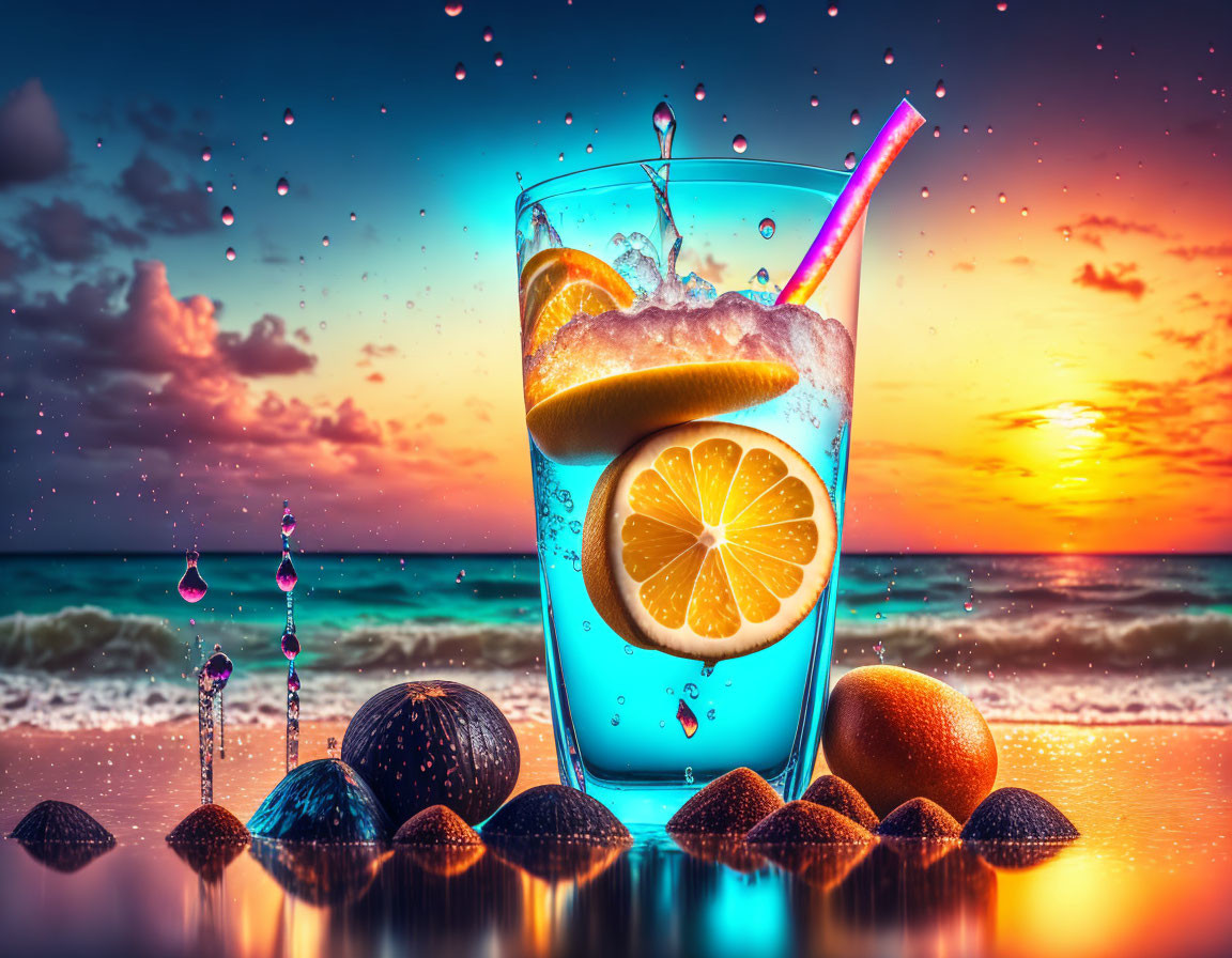 Colorful Cocktail with Lemon Slice on Sunset Beach Background