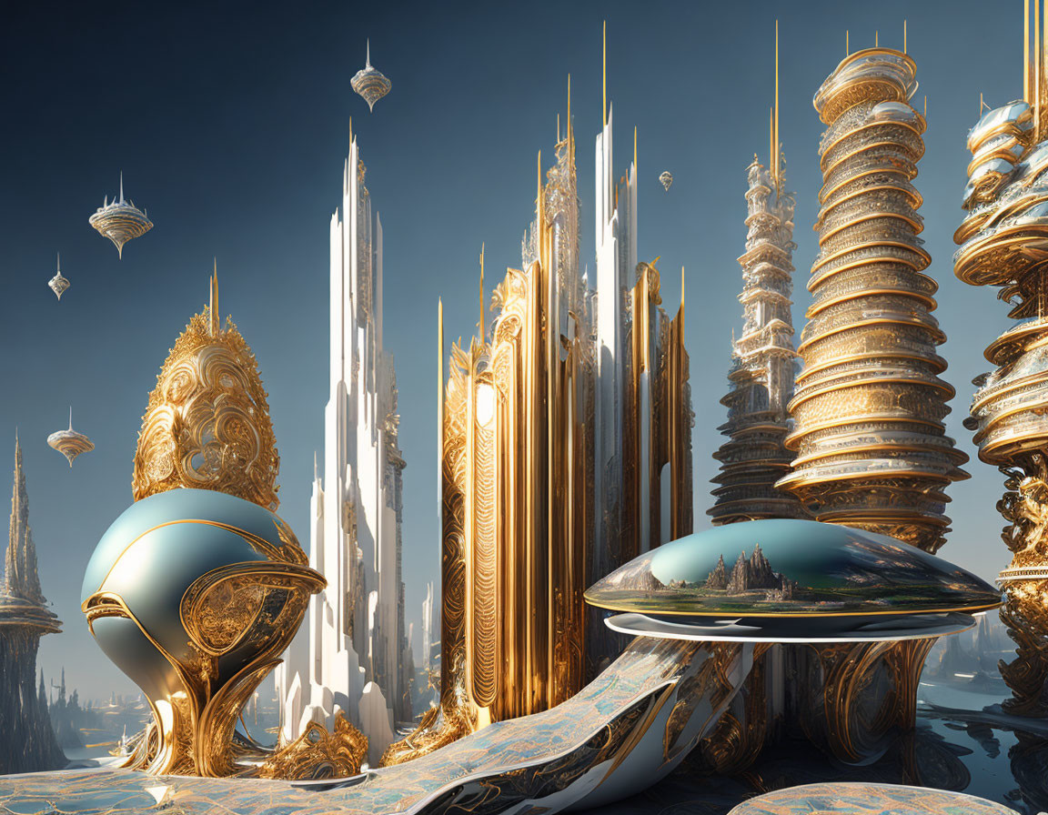 Futuristic cityscape with golden skyscrapers and floating structures