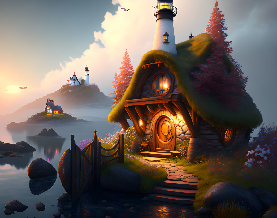 Cozy fantasy lighthouse cottage at sunset with glowing windows, surrounded by nature.