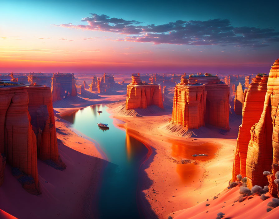 Tranquil sunset over vast desert canyon with sandstone cliffs and river.