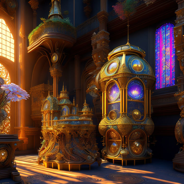Fantastical library with wood carvings, clockwork structure, stained glass, and magical lighting