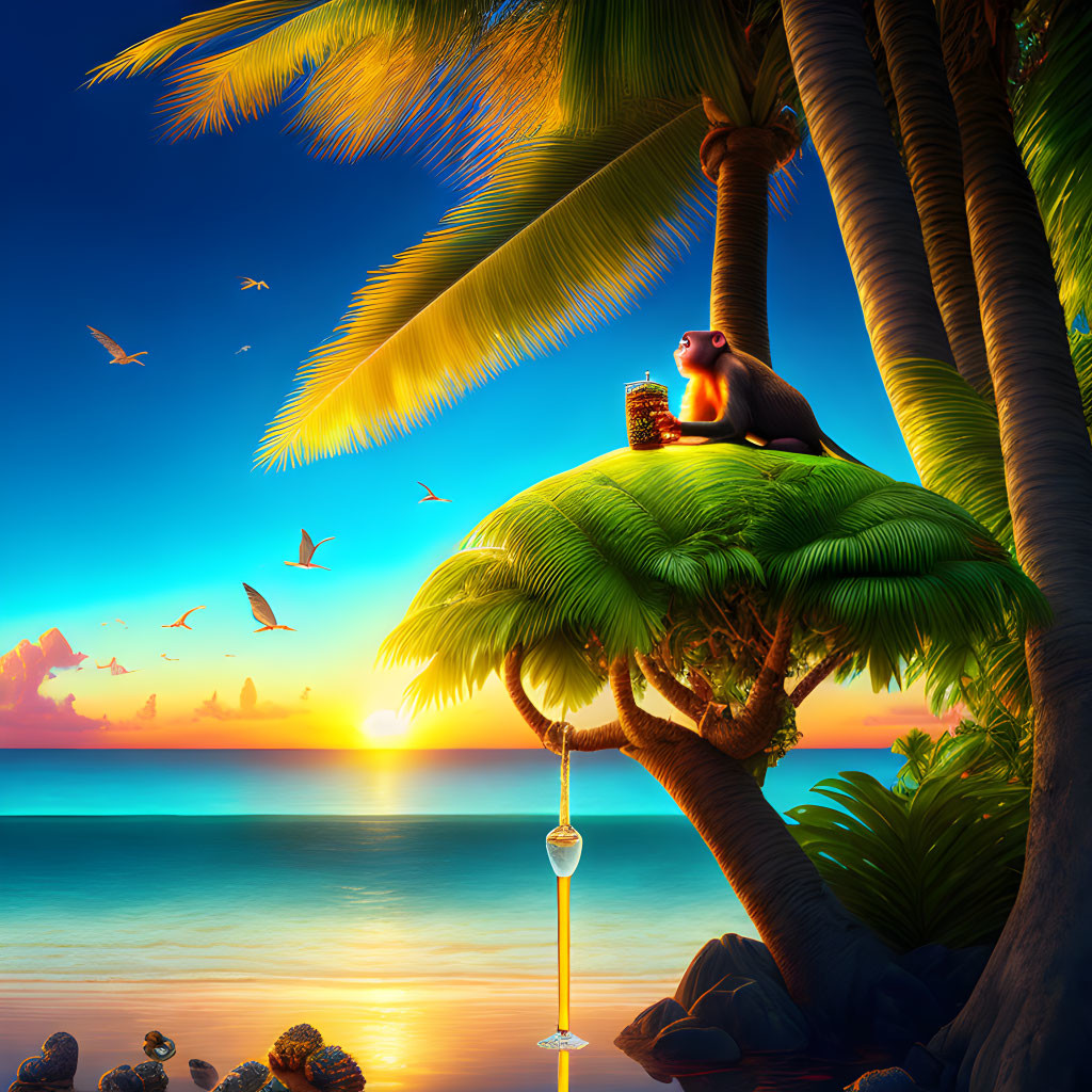 Tropical sunset beach scene with monkey, palm tree, and birds