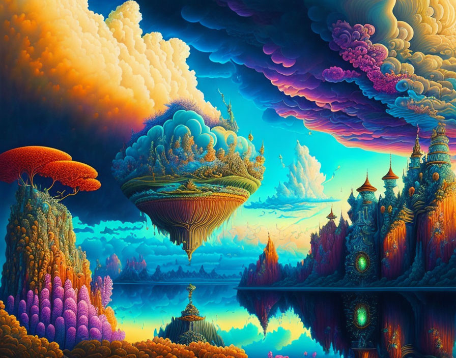 Colorful Mushroom Trees and Floating Island in Fantastical Landscape