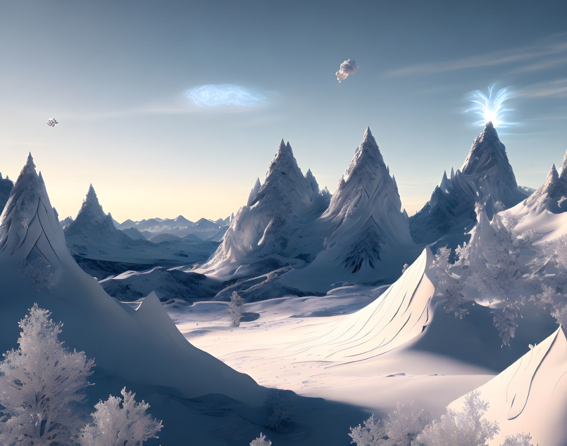 Snowy Mountain Landscape with Crystalline Trees and Floating Light Objects