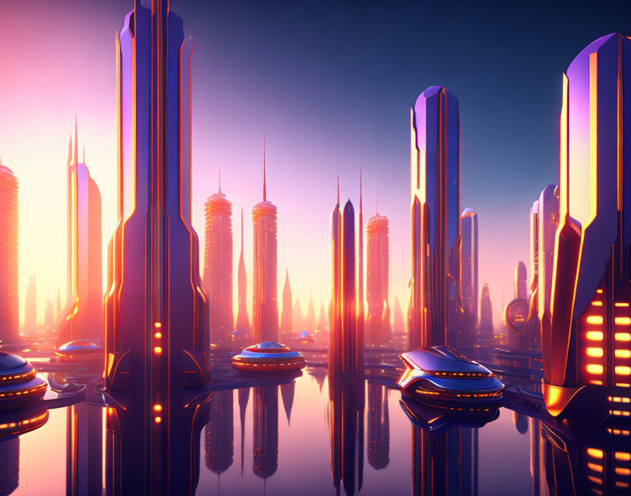 Futuristic cityscape sunrise with skyscrapers and water reflection
