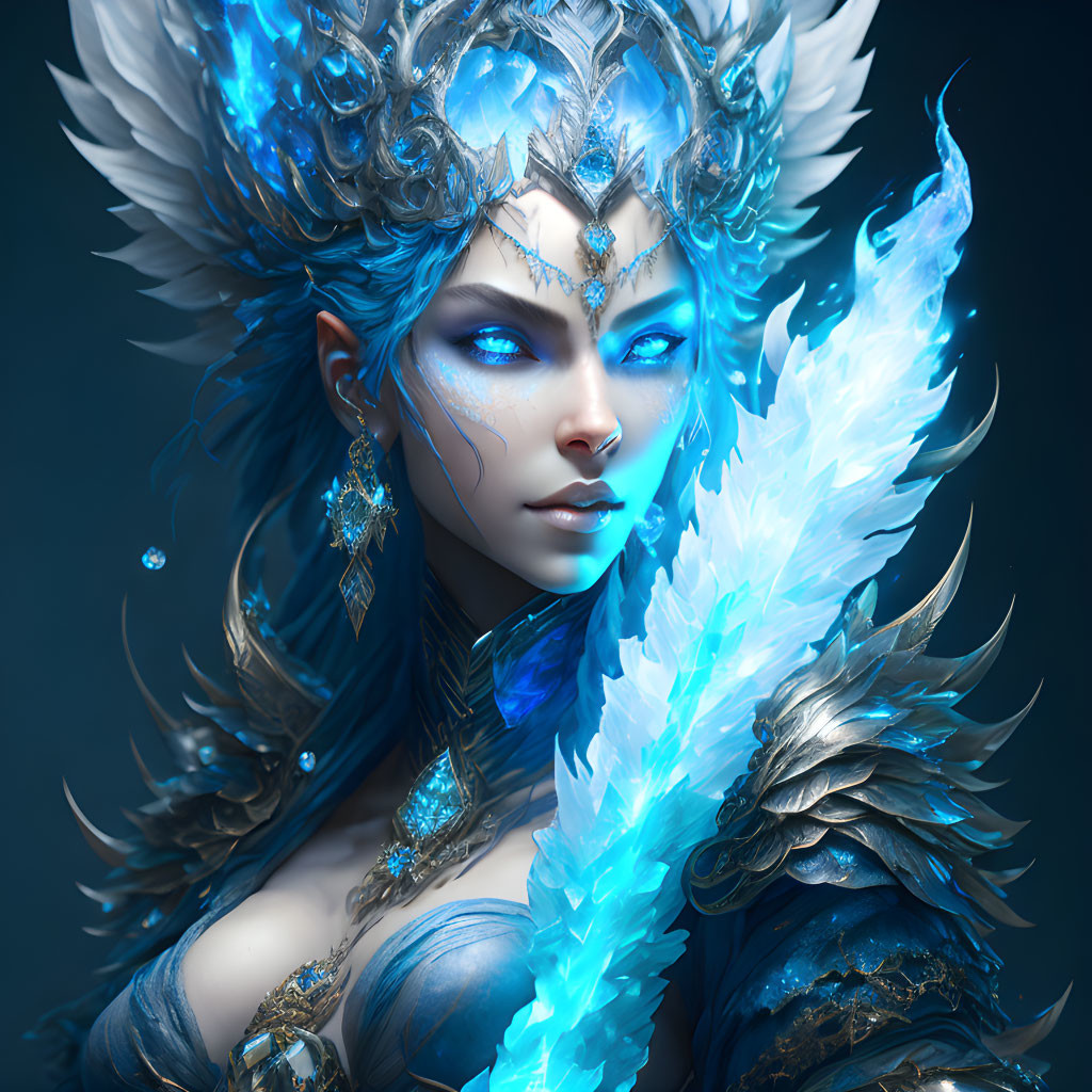 Fantasy illustration of woman with blue skin and crystal adornments