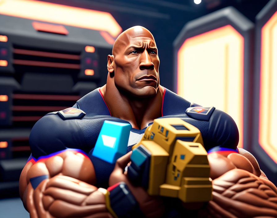 Muscular animated superhero character in futuristic costume against sci-fi backdrop