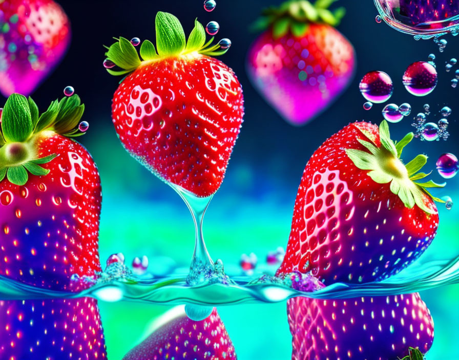 Bright strawberries in water bubbles on neon background