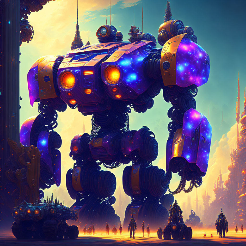 Enormous cosmos-themed robot in futuristic sci-fi scene