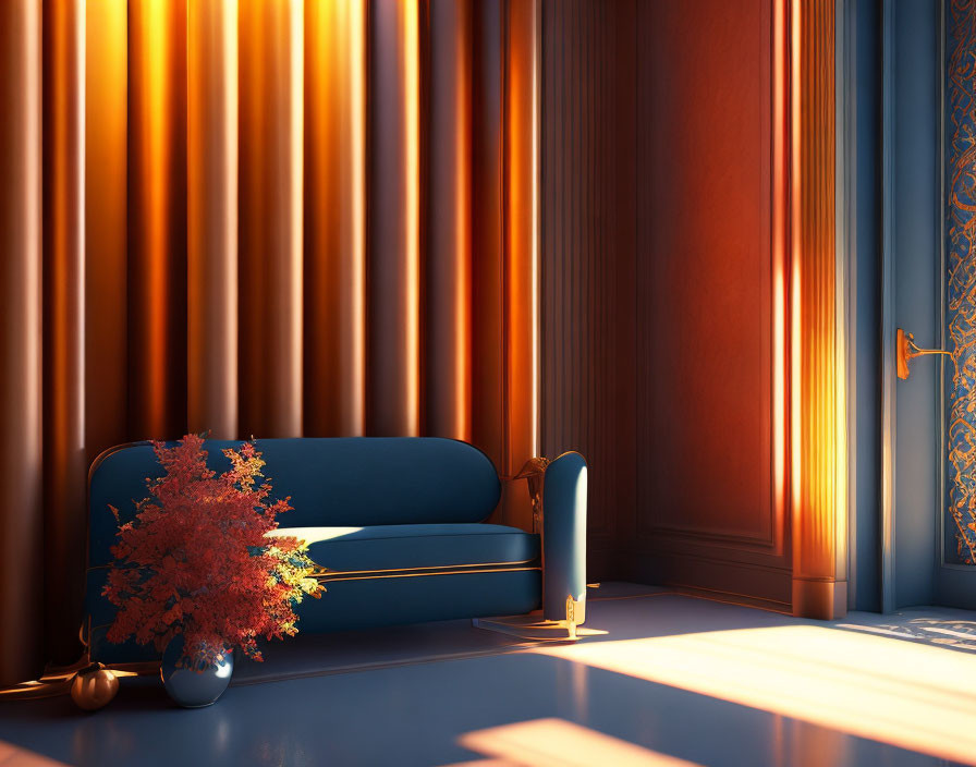Sunset-lit room with blue sofa and red foliage vase