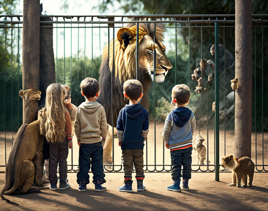 Children and animals with human-like features watching a lion in a zoo.