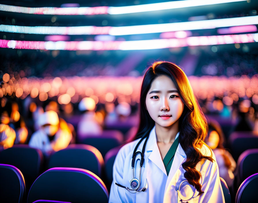 Female doctor in medical coat with stethoscope in stadium at twilight