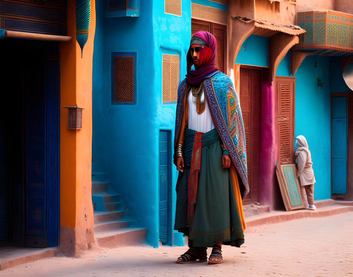 Person in Traditional Attire in Colorful Alley with Blue Walls and Red Door