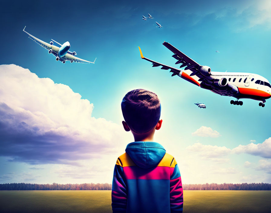 Boy in Colorful Striped Jacket Watching Planes in Surreal Skyscape
