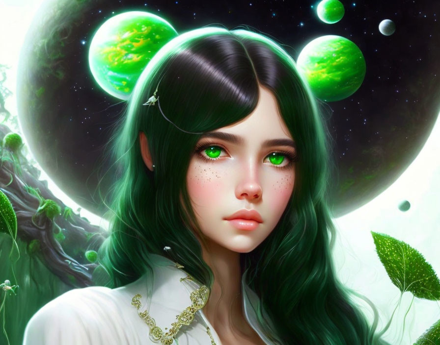 Fantasy digital artwork featuring girl with green hair, eyes, freckles, and glowing moons.