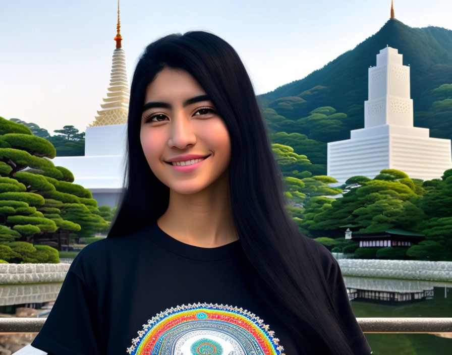 Smiling woman in black t-shirt with colorful design in serene landscape
