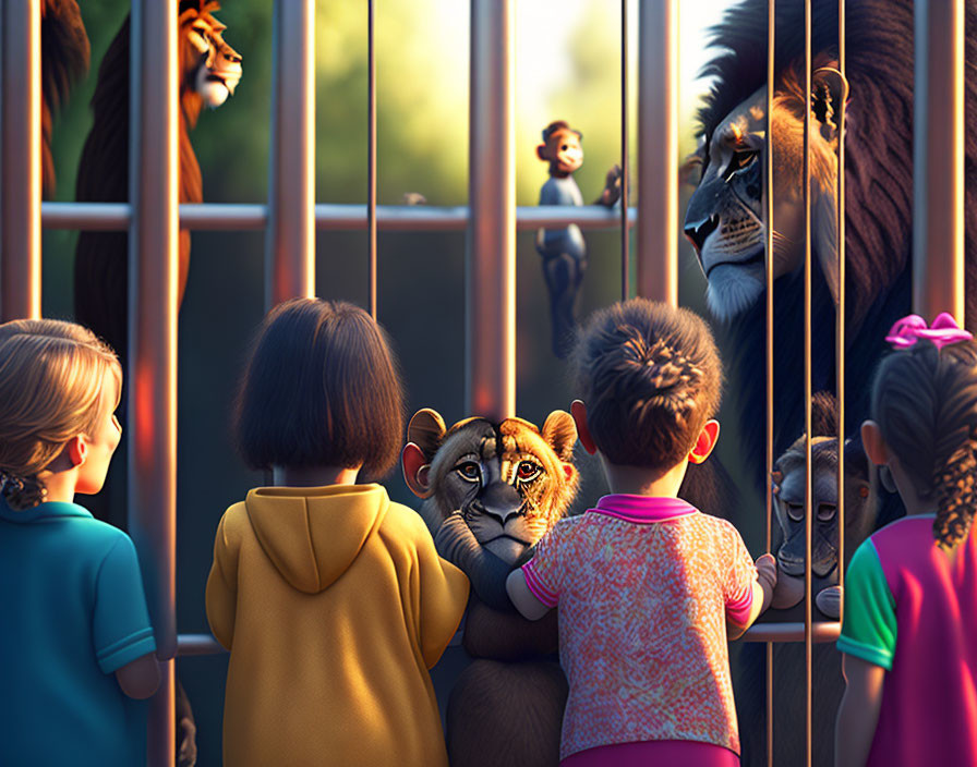Children observe lions at zoo during sunset.