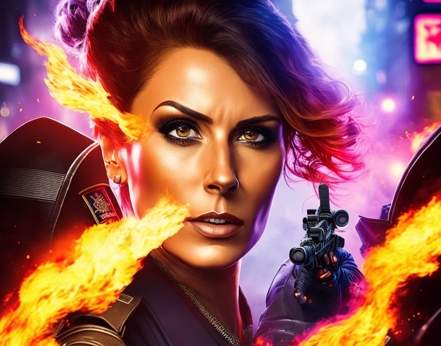 Fiery-haired woman with gun in futuristic cityscape.