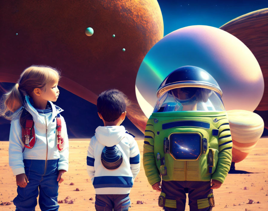 Children in space suits on alien planet with colorful planets and moons in surreal sky