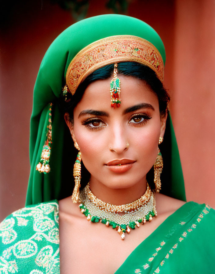 Intricately adorned woman in gold jewelry and green fabric gazes intently