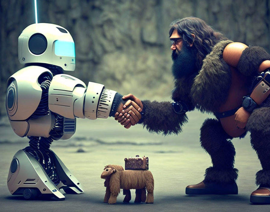 Futuristic robot and caveman handshake with shaggy creature watching