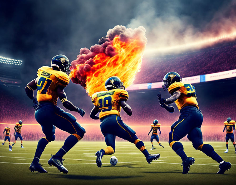 Vibrant blue and gold animated soccer players on fiery field