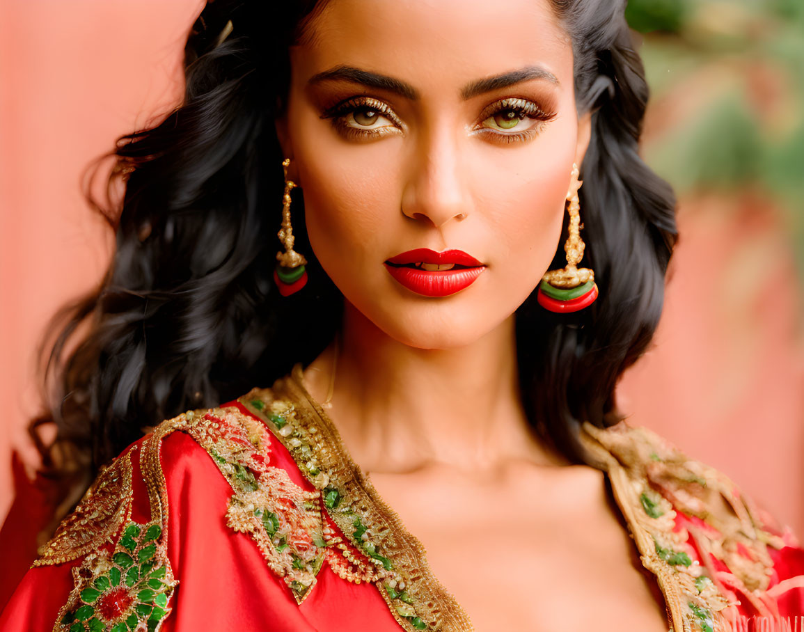 Woman in Red Dress with Striking Makeup and Accessories