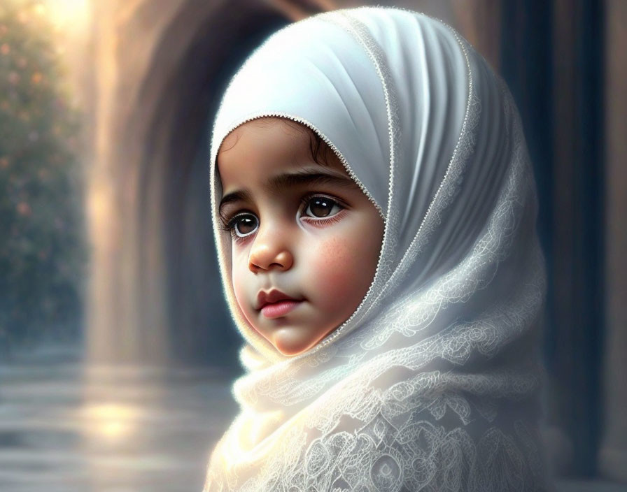 Young child in white hijab with innocent gaze and brown eyes.