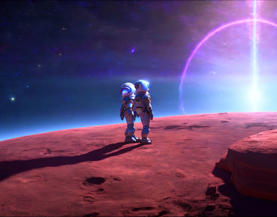 Astronauts on rocky alien planet under purple sky with stars and cosmic arc