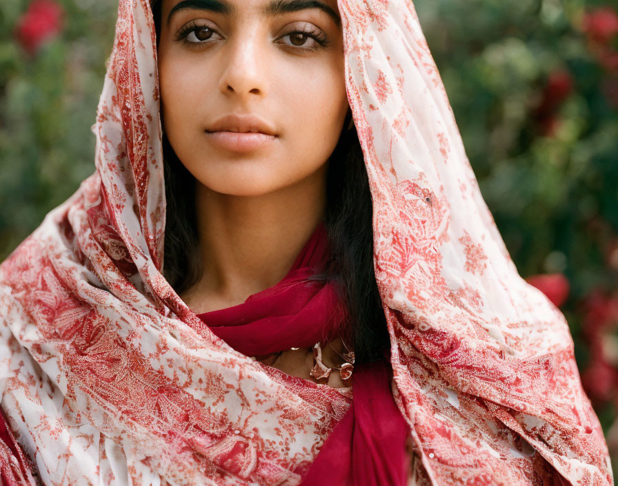 Woman in Patterned Scarf and Red Garment Surrounded by Greenery