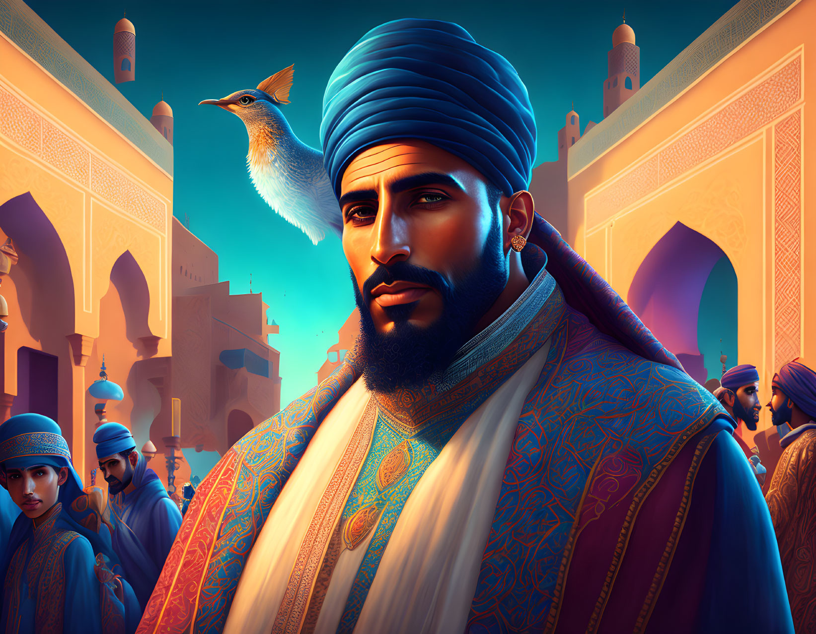 Man in regal attire with turban in Middle Eastern market with bird in vivid illustration