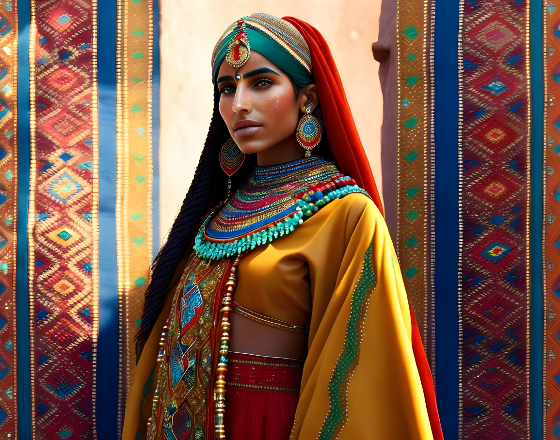 Traditional Attire Woman with Embroidery and Jewelry on Colorful Background