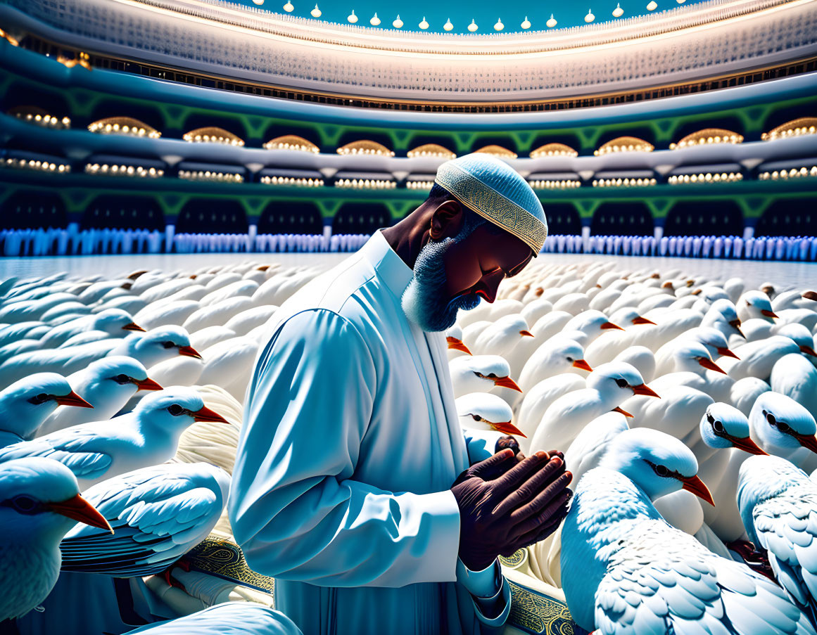 Traditional Attired Man Praying Among White Pigeons in Illuminated Setting