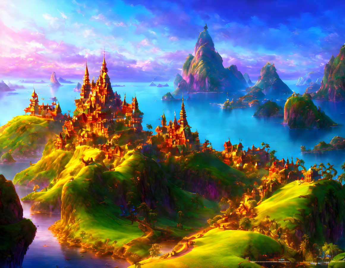 Golden castles, lush hills, serene waters, majestic mountains in vibrant fantasy landscape