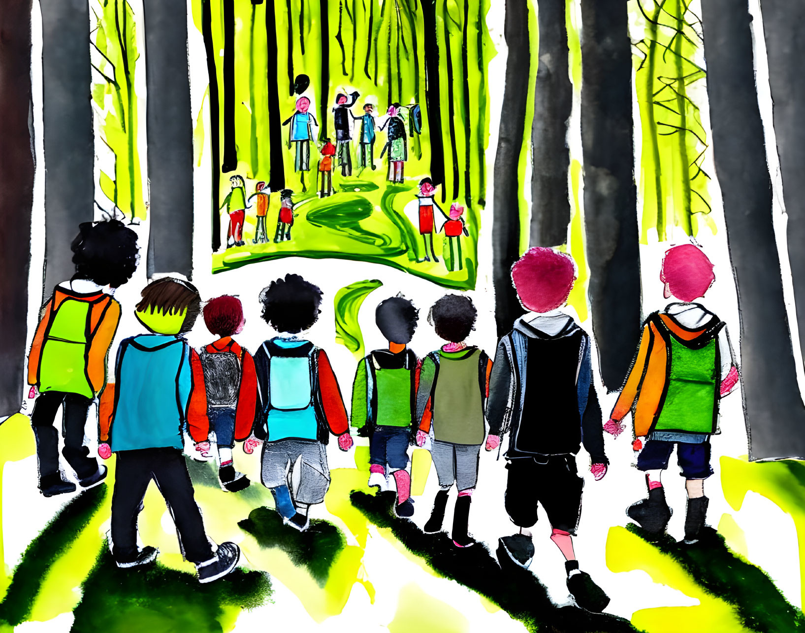 Vibrant forest scene with children in colorful illustration