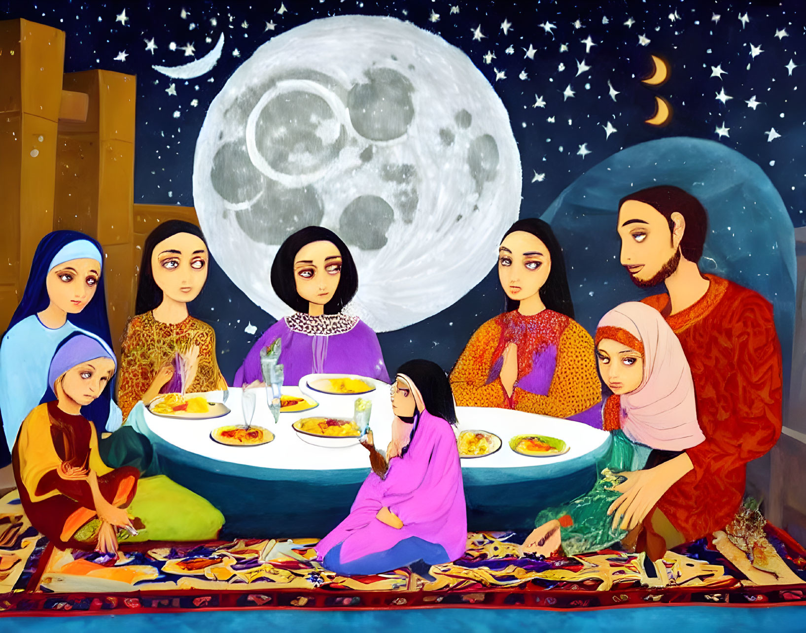 Vibrant illustration of people sharing a meal under a starry sky