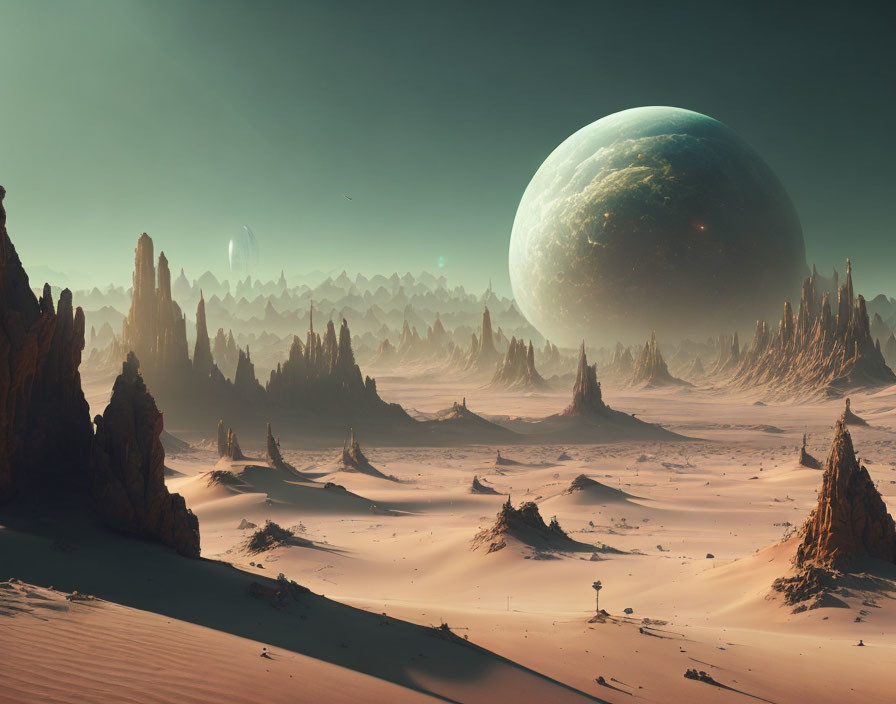 Barren desert landscape with towering rock formations and alien sky scene.