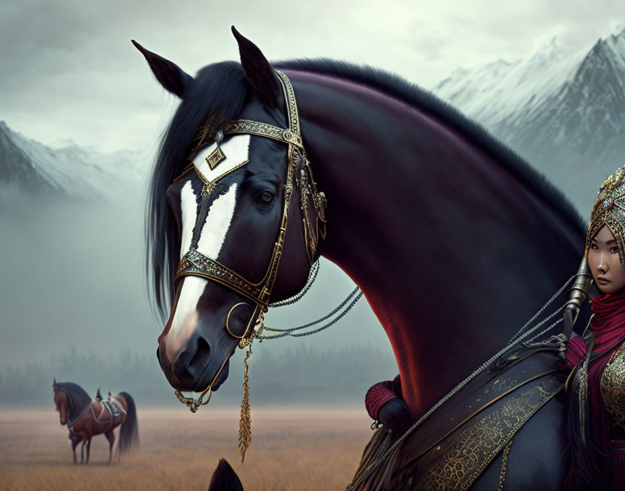 Black horse with intricate bridle and armored rider against mountain backdrop